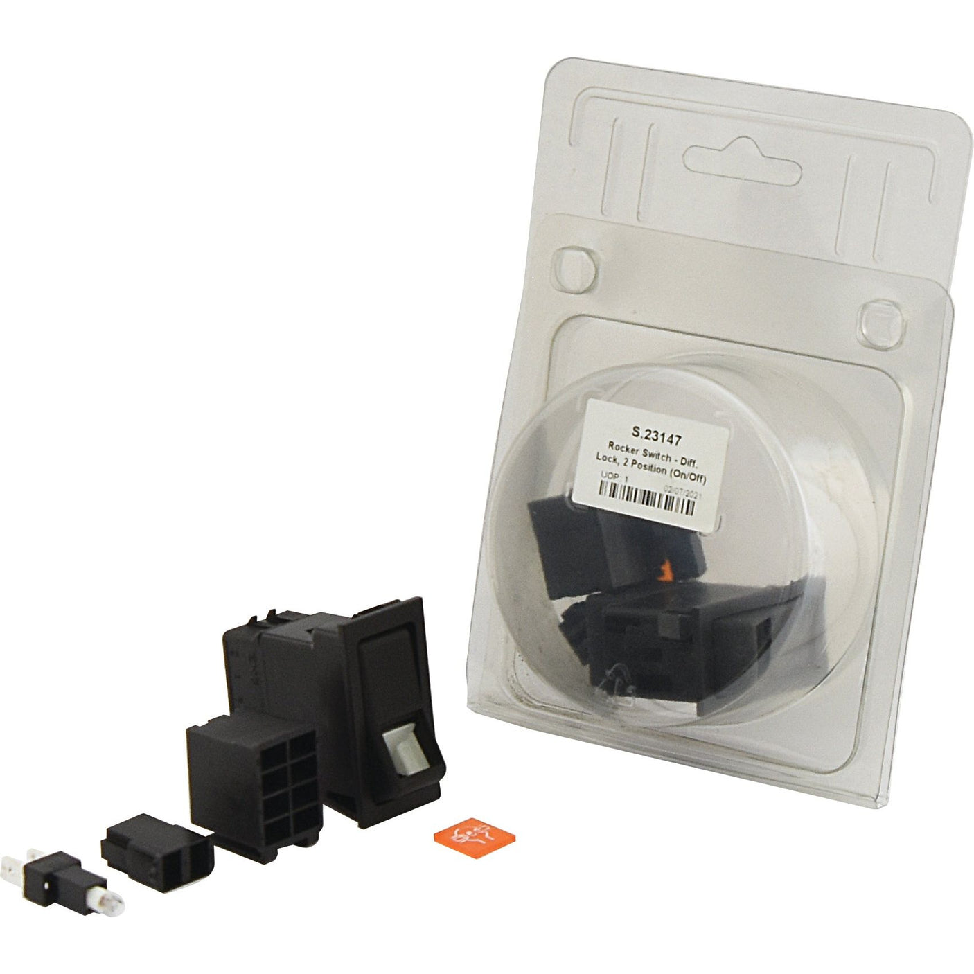 The packaging shows a Sparex Rocker Switch - Diff. Lock, 2 Position (On/Off) - S.23147, with components displayed outside. The package label reads "Rocker Switch, Latching Switch, IP65, Flash-In Off, Light, 12 Volt." A small orange piece and two connectors are also visible.