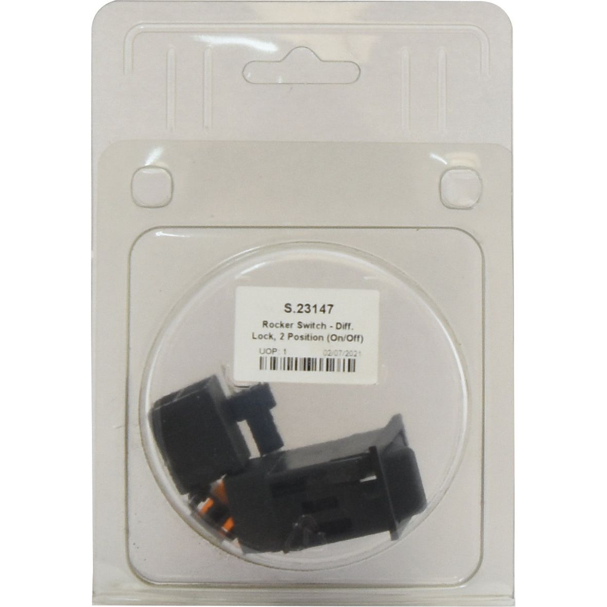 A packaged rocker switch labeled “Sparex Rocker Switch - Diff. Lock, 2 Position (On/Off) - S.23147, 12V DC.” The switch is black, IP65-rated for durability, and encased in a clear plastic package with a cardboard backing.