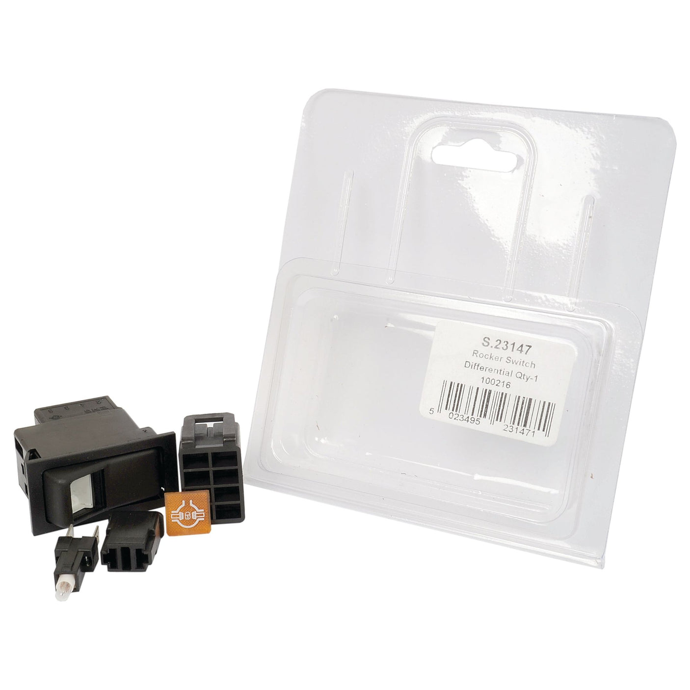 A replacement latching rocker switch with connectors is shown next to its transparent plastic packaging, which is labeled "Sparex S.23147 Rocker Switch - Diff. Lock, 2 Position (On/Off)." Suitable for 12V DC applications, it also boasts an IP65 rating for durability and protection against dust and water.