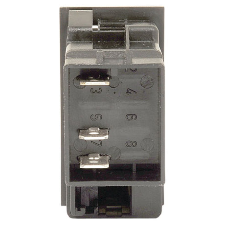 Close-up of a Sparex Rocker Switch - Universal Fitting, 2 Position (On/Off) - S.23150, with numbered terminal pins visible, rated for 12V DC power.