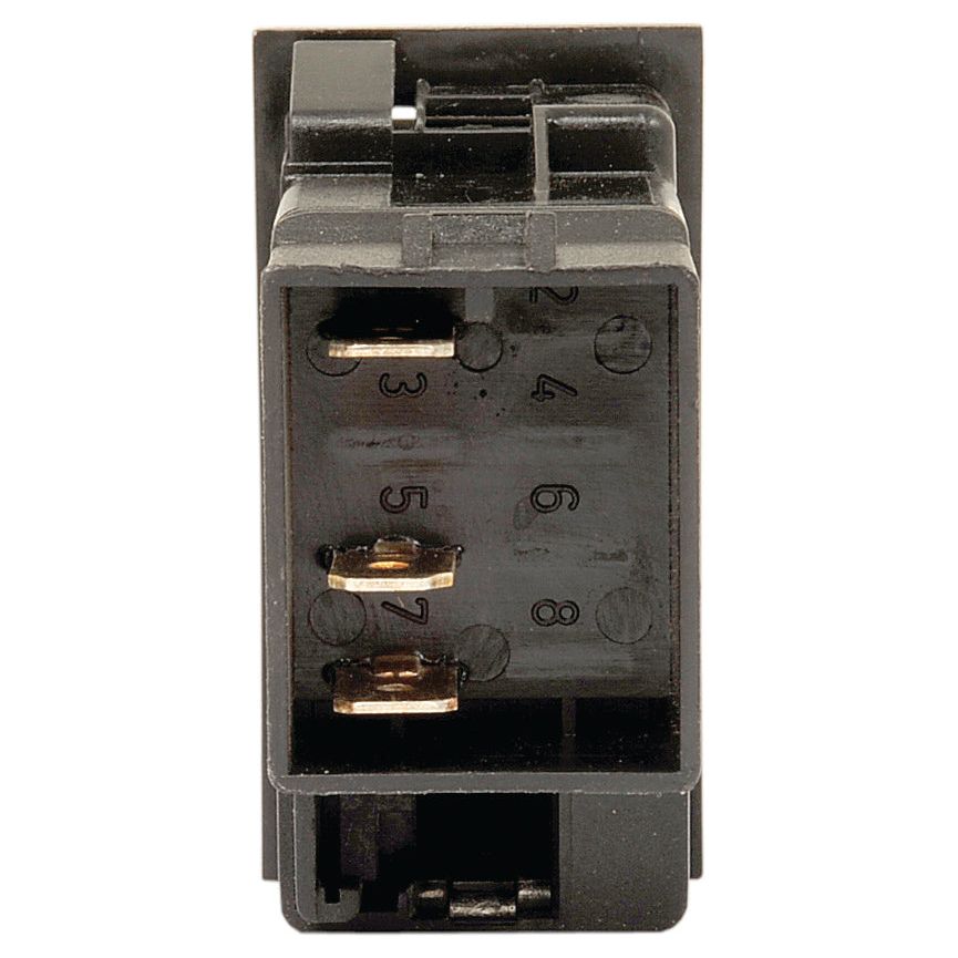 Close-up of a rectangular black electrical component, likely the "Rocker Switch - Universal Fitting, 2 Position (On/Off) - S.23151" by Sparex, with three brass terminals visible on the front.