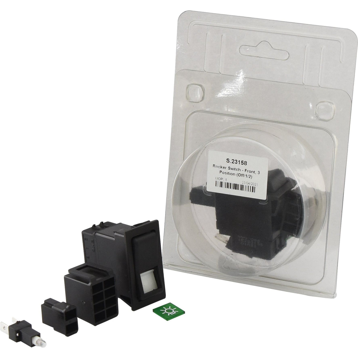 A packaged Sparex Rocker Switch - Front, 3 Position (Off/1/2) (S.23158) with a label, featuring an exposed rocker switch and an additional part along with a green indicator piece laid out in front.