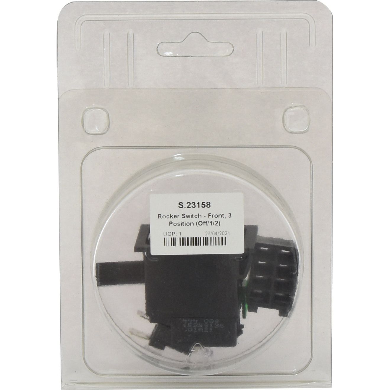 Packaged black rocker switch labeled "Sparex Rocker Switch - Front, 3 Position (Off/1/2) - S.23158" in clear plastic and cardboard packaging, ideal as a 12V latching switch for agricultural machinery.