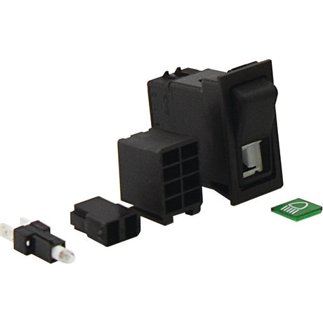 A Rocker Switch - Dipped Beam, 2 Position (On/Off) | Sparex Part No.S.23159, with detached components including a connector, a wiring harness, and a green symbol sticker resembling the dipped beam indicator.