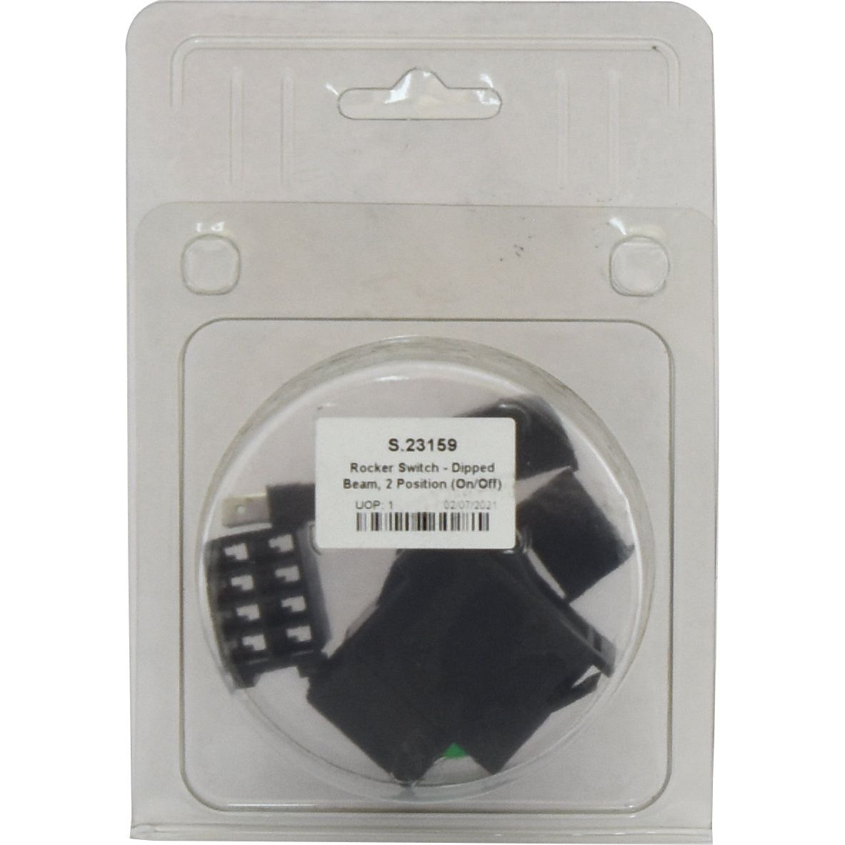 Plastic packaging containing a Rocker Switch - Dipped Beam with 2 positions (on/off), ideal for Massey Ferguson, labeled Sparex Part No. S.23159.