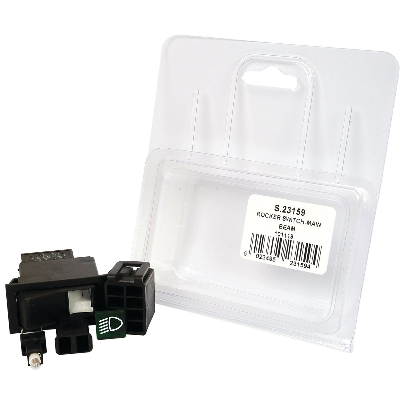 A black rocker switch with a headlight symbol in front of clear plastic packaging labeled "Rocker Switch - Dipped Beam, 2 Position (On/Off) | Sparex Part No.S.23159," ideal for Massey Ferguson tractors, also compatible as a main beam switch.