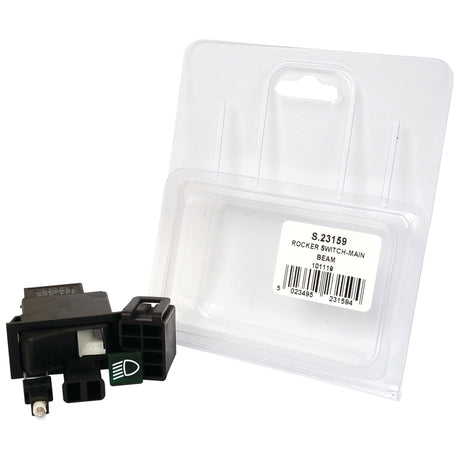 A black rocker switch with a headlight symbol in front of clear plastic packaging labeled "Rocker Switch - Dipped Beam, 2 Position (On/Off) | Sparex Part No.S.23159," ideal for Massey Ferguson tractors, also compatible as a main beam switch.