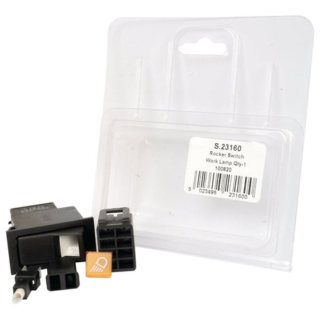 A Rocker Switch - Work Lights (2 Position On/Off) by Sparex, with the product code "S.23160" and a barcode, is displayed in front of its packaging showcasing its product information. This IP65-rated 12V switch is ideal for Massey Ferguson equipment.