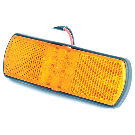 Close-up of the Sparex LED Side Facing Marker Light, RH & LH, 12-24V - S.23165, with an orange rectangular design featuring an amber lens, black border, attached wiring, and CE Approved safety standards.