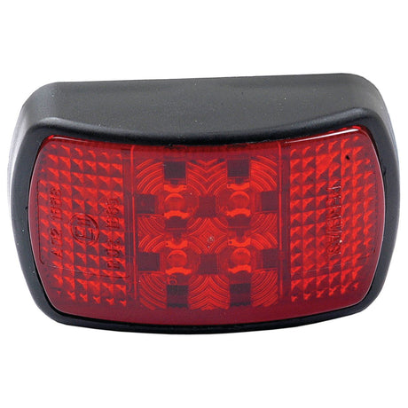 The LED Rear Facing Marker Light, RH & LH, 12-24V - S.23166 by Sparex is a CE-approved red rectangular LED marker light with a black frame, featuring geometric patterns and a textured surface.