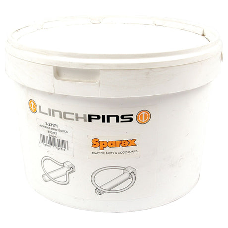 A small white plastic bucket labeled "Round Linch Pin, Pin Ø9.5mm x 44.5mm (150 pcs. Small Bucket)" by Sparex, a manufacturer of value standard tractor parts and accessories.