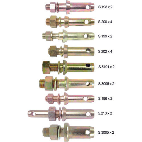 Image displaying an assortment of nine different types of metal fasteners, arranged vertically, each labeled with "Sparex Part No. S." followed by a specific number and quantity from the Lower Link Implement Mounting Pin - Dispenser Kit (Cat. I | Sparex Part No. S.23194).