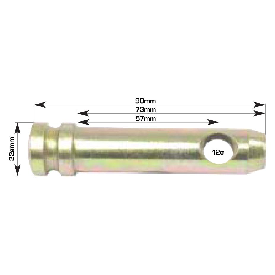 The Top Link Pin 19x57mm Cat. 1, Sparex Part No. S.231, is a cylindrical metal rod with an overall length of 90mm, featuring a 12mm hole near one end and measurements of 90mm, 73mm, 57mm, and 22mm marked along its surface.