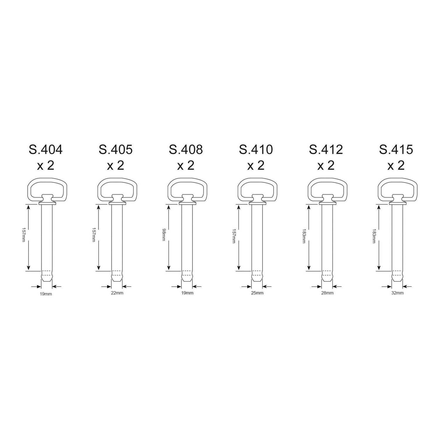 Technical drawing showing detailed specifications of six different sizes of Carton Drawbar Pins, labeled S.404 to S.415, each with quantity noted as x2 in a Various Sizes Assortment by Sparex (Sparex Part No.S.2324). Tariff Code 8716909098 applies.