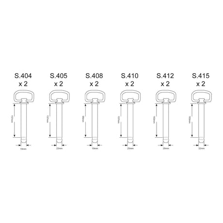 Technical drawing showing detailed specifications of six different sizes of Carton Drawbar Pins, labeled S.404 to S.415, each with quantity noted as x2 in a Various Sizes Assortment by Sparex (Sparex Part No.S.2324). Tariff Code 8716909098 applies.