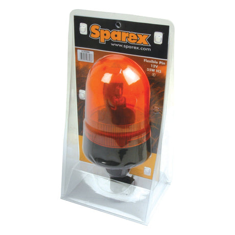 Package of a Sparex Rotating Halogen Beacon with a flexible pin, 12V - S.23306, featuring a 55W H3 bulb and rotating function. Displayed in transparent plastic packaging with branding, specifications on the label, and an IP65 rating for durability.