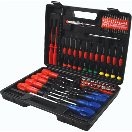 The Sparex Screwdriver Set (70 pcs.) - S.23314 features a black case containing a variety of precision screwdrivers, nut drivers, insulated screwdrivers, and bits, all organized neatly in specific compartments.