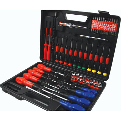 The Sparex Screwdriver Set (70 pcs.) - S.23314 includes a black case organized with a variety of screwdrivers featuring red and blue handles, precision screwdrivers, a magnetic pick-up tool, and an array of sockets, bits, and other attachments neatly arranged within compartments.