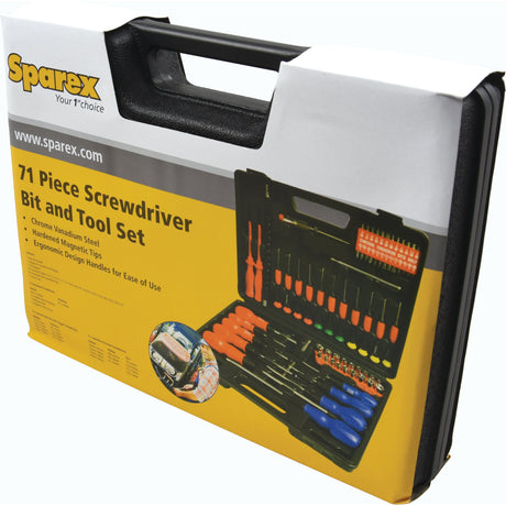 A boxed 70-piece Screwdriver Set (S.23314) from Sparex, featuring precision screwdrivers and chrome vanadium steel tools with ergonomic design handles in a black carrying case.