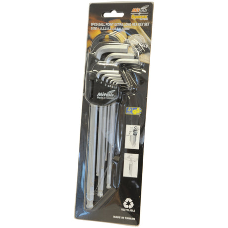 The Sparex Extra Long Ball Point Key Wrench Set (9pcs.), also known as Part No.S.23340, is crafted from durable CR-V/S2 Steel and comes in a recyclable blister pack. The hex key sizes range from 0.05 to 3/8 inches, and the product is proudly made in Taiwan.