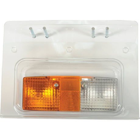 The Sparex Front Combination Light (Halogen), 12/24V, LH, Straight - S.23345 features a rectangular signal light assembly with an amber clear lens, incorporating orange and clear sections mounted on a transparent plastic base and utilizing a halogen light source.