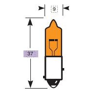 Illustration of the Sparex Halogen Light Bulb (PY21W, 12V). The height is 37 units and the width at the top is 9 units. This model is suitable for PY21W, 12V specifications. Product Name: Light Bulb (Halogen) PY21W, 12V, 21W, BAU15s. Sparex Part No.S.23368.