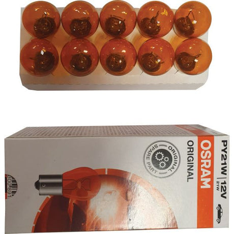 A pack of ten orange automotive bulbs is displayed above a box bearing the label "Sparex PY21W 12V 21W Halogen Light Bulb (Box 1 pc.), Sparex Part No. S.23368.