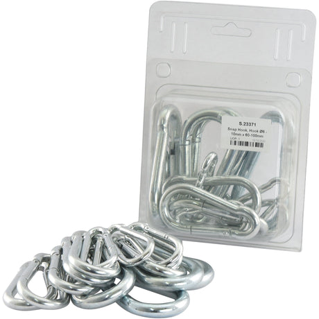 A package of six Sparex Snap Hooks (Hook Ø6 - 10mm x 60-100mm, Sparex Part No.S.23371) includes an additional nine loose Snap Hooks placed in front of the packaging, all crafted from shiny metal.