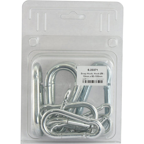 A clear plastic package from Sparex containing several metal snap hooks, labeled as "Snap Hook, Hook Ø6 - 10mm x 60-100mm | Sparex Part No. S.23371.