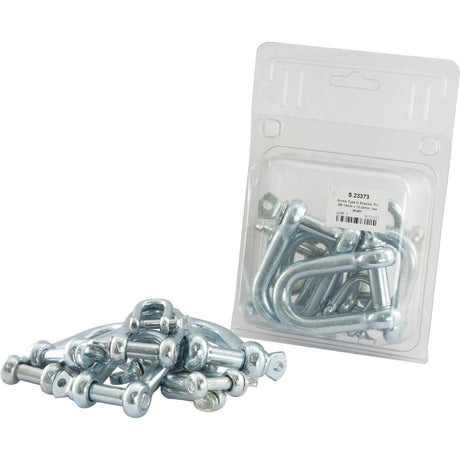 A display features a collection of galvanized metal Screw Type D Shackles, Pin Ø6-13mm x 12-24mm Jaw Width, with nuts and washers, alongside a sealed transparent package containing similar mild steel Screw Type D Shackles (Sparex Part No. S.23373) from the Sparex brand.