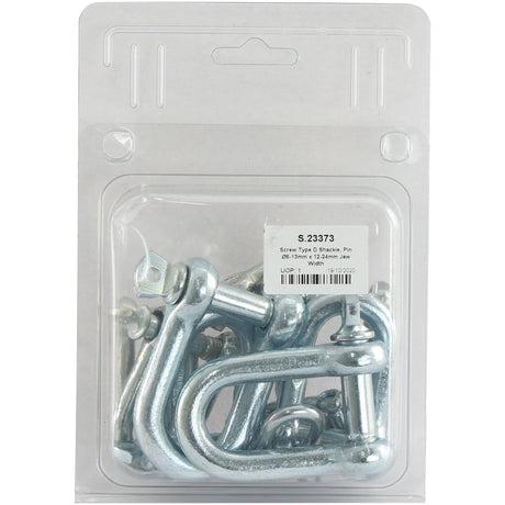 A clear plastic package containing several Sparex Screw Type D Shackles, with pin diameters ranging from Ø6-13mm and jaw widths of 12-24mm, labeled with product details for Sparex Part No. S.23373 (10 pcs. Agripak).