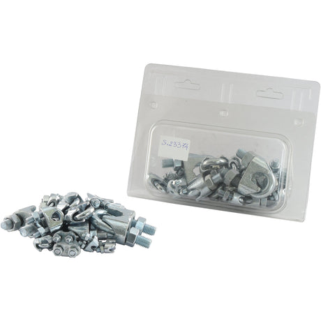 A pack of Sparex Agripak metal nuts, bolts, and fasteners with some spilled in front is accompanied by Wire Rope Clips suitable for Wire Ø3 - 19mm (1/8 - 3/4''), identified by Sparex Part No. S.23374.