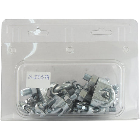 A clear plastic package containing metal wire rope clips suitable for wire diameters ranging from 3mm to 19mm (1/8'' to 3/4''), along with washers and nuts. A label marked "Sparex Part No. S.23374" is affixed to the Agripak.