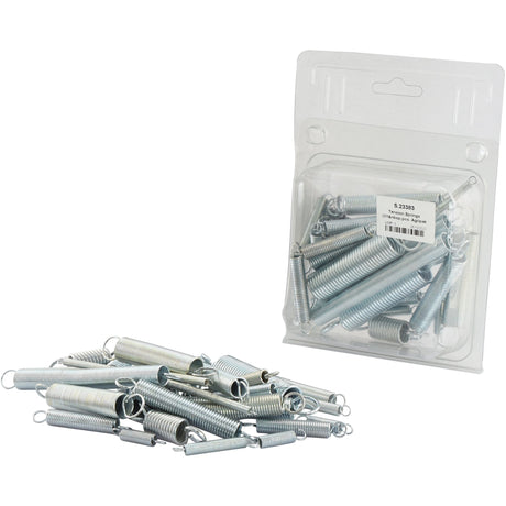 A scattered pile of metal tension springs lay in front of a transparent plastic package containing additional springs. The package, labeled with a white label featuring text and a barcode, holds the Tension Springs (31 pcs. Agripak | Sparex Part No. S.23383) from the brand Sparex. These springs vary in length from 35mm to 145mm and have wire diameters ranging from Ø0.5mm to 2mm, ensuring versatility for various applications.
