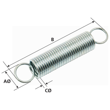 Sparex Tension Springs (31 pcs. Agripak | Sparex Part No.S.23383) feature loops at both ends and are available with varying dimensions of AØ (diameter), CØ (inner diameter of the loop), and B (length of the coiled section). Lengths range from 35mm to 145mm, with a wire diameter between Ø0.5mm and Ø2mm.