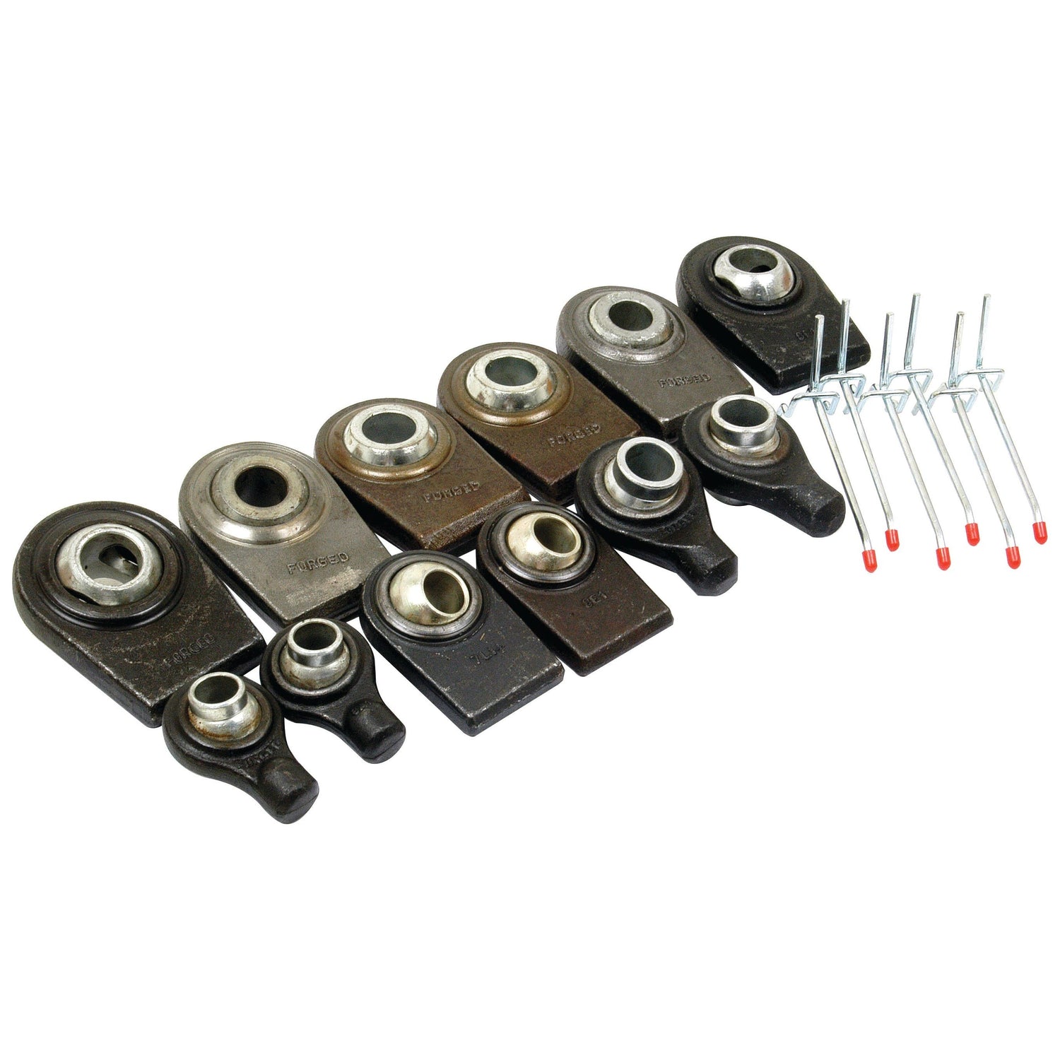 The Sparex dispenser kit, featuring the Top and Lower Link Weld On Ball Ends (12 pcs.), includes a set of twelve rod end bearings of varying sizes arranged in a row, along with five cotter pins. The product is identified by Sparex Part No. S.23384.