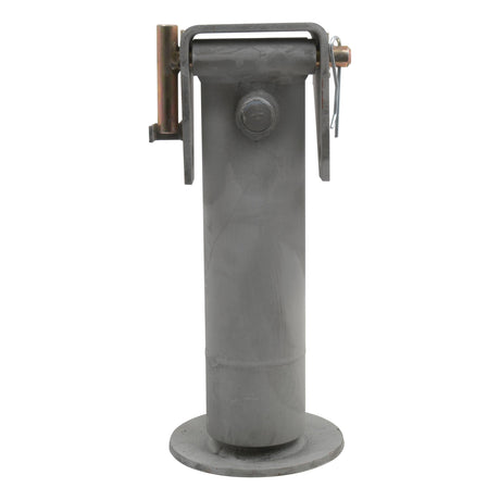 The Sparex PARKING JACK-5T HYDRAULIC - S.2338 is a grey steel cylindrical object with a flat base and a horizontal latch mechanism on the top, designed for single acting applications and capable of handling a maximum static load of 5670 kgs, possibly used in industrial machinery.