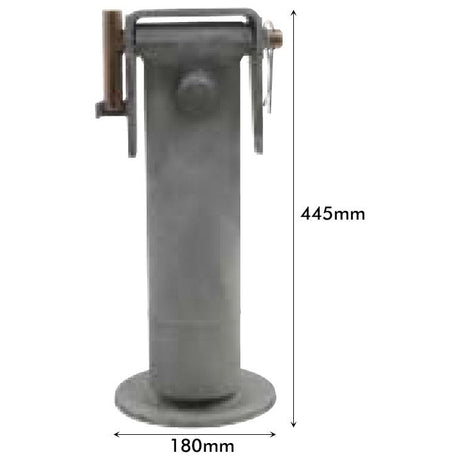 The PARKING JACK-5T HYDRAULIC - S.2338 by Sparex is a steel cylindrical object featuring a lever and bar, with dimensions of 445mm in height and 180mm in width, engineered to handle a maximum static load of 5670kgs.