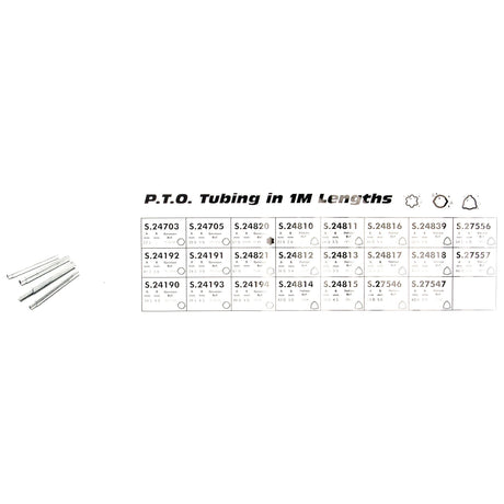 Chart listing different lengths and specifications of P.T.O. tubing in 1-meter lengths, with several sample tubes displayed to the left on a DISPLAY STAND HEADER-PTO SHAFT (Sparex Part No. S.23399), all suitable for various applications, courtesy of Sparex.