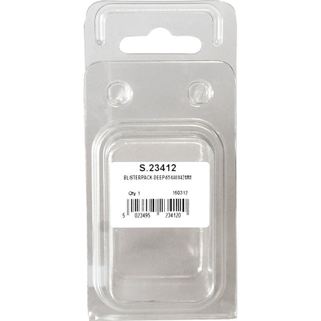 Transparent plastic blister packaging with a label displaying "Sparex S.23412," "Snappack - Deep (65 x 40 x 42mm)," "Qty 1," "150312," and barcodes.