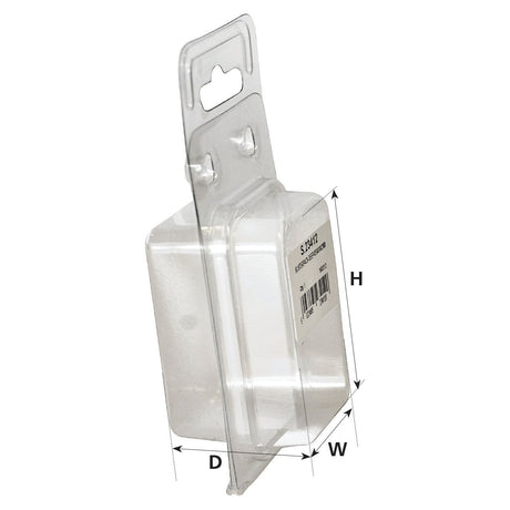 Snappack - Deep (65 x 40 x 42mm) clamshell packaging by Sparex, containing a white item inside with dimensions labeled as height, width, and depth. The clear plastic packaging features a hanging tab and includes a barcode and other labels.