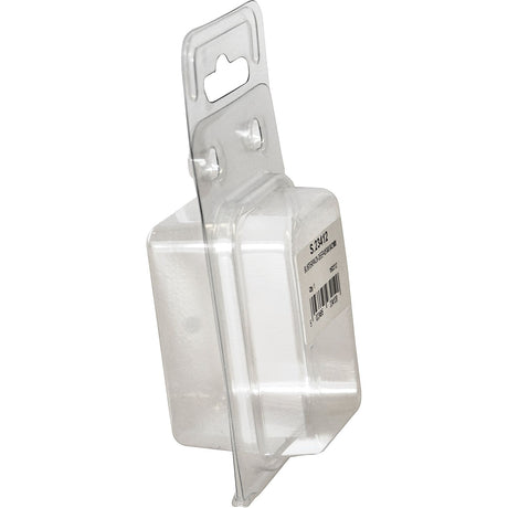 A clear, empty plastic clamshell packaging with a peg hole for hanging and a barcode label on the side—perfect for showcasing your products with Snappack - Deep (65 x 40 x 42mm) efficiency from Sparex, Part No. S.23412.