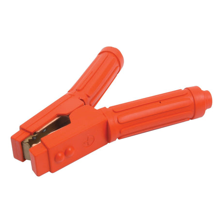 The Jump Lead Cable Handle 850a Red - S.23413 by Sparex is a red, insulated alligator clip featuring a ridged grip handle, ideal for electrical connections and testing. Its extra heavy-duty design ensures durability and reliability in various conditions.