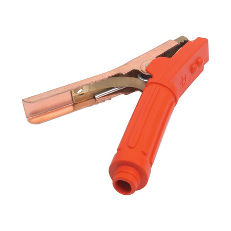 An Extra Heavy Duty grounding clamp with a red plastic handle by Sparex, specifically the Jump Lead Cable Handle 850a Red - S.23413.