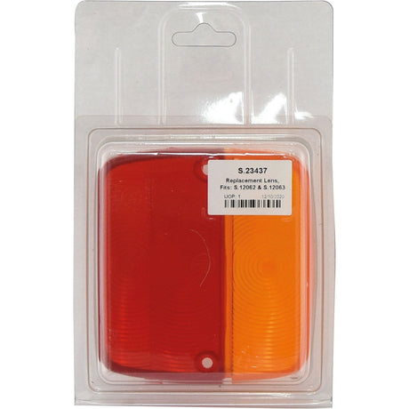 A Sparex replacement lens, with product code S.23437, featuring one red and one amber section, designed for rear light applications and compatible with models S.12062 and S.12063.