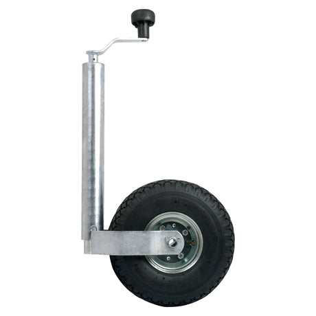 The Jockey Wheel Jack - 48mm - Pneumatic - S.2343 by Sparex is a steel trailer jack equipped with a black rubber wheel featuring a notable wheel diameter and a handle on top for height adjustment.