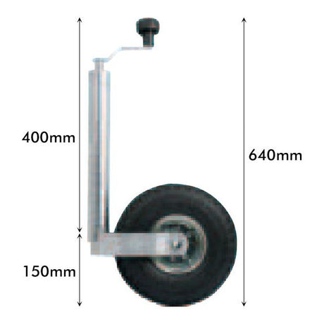 Side view of the Jockey Wheel Jack - 48mm - Pneumatic (S.2343) by Sparex, featuring a handle and dimensions: 400mm height for the vertical section, 150mm length for the horizontal section, and a total height of 640mm including the wheel. Constructed from durable steel material with a wheel diameter that ensures stability and ease of use.