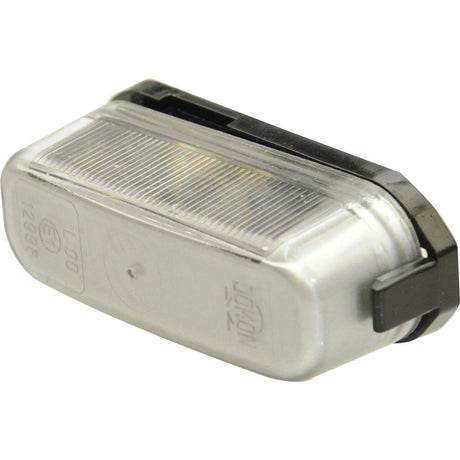 A close-up of the Halogen Number Plate Light - S.23441 by Sparex, showcasing its rectangular, silver-colored body with a transparent cover and black mounting bracket, all featuring a sleek design and halogen bulb.