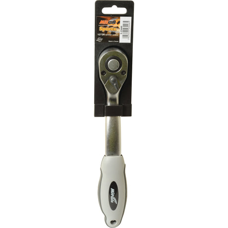 A Quick Release Curved Ratchet Handle 1/2'' with a silver, curved handle and black head is packaged in a striking black and orange design showcasing the "Sparex" brand. The packaging includes detailed product information and a barcode, offering durability and convenience for all your fastening needs under the Sparex Part No. S.23446.