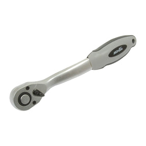 A silver ratchet wrench with a black and gray handle labeled "Sparex," featuring a Quick Release Curved Ratchet Handle, specifically the Quick Release Curved Rachet Handle 3/8'' | Sparex Part No. S.23447, placed on a plain white background.
